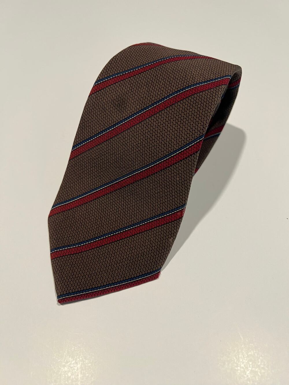 Vintage Bespoke 100% Silk Necktie Brown Red Blue Stripes JL
